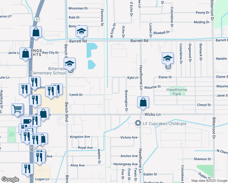 map of restaurants, bars, coffee shops, grocery stores, and more near 1020-1022 Claremore Lane in Billings