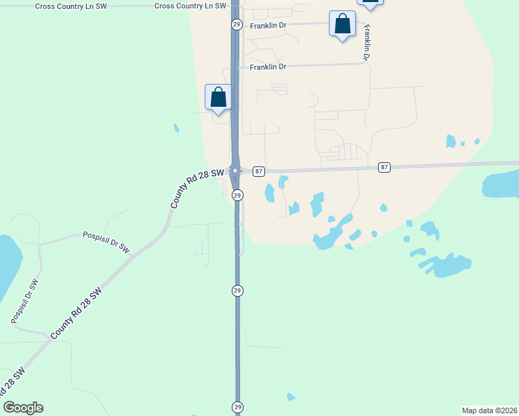 map of restaurants, bars, coffee shops, grocery stores, and more near 6775 Minnesota 29 in Alexandria