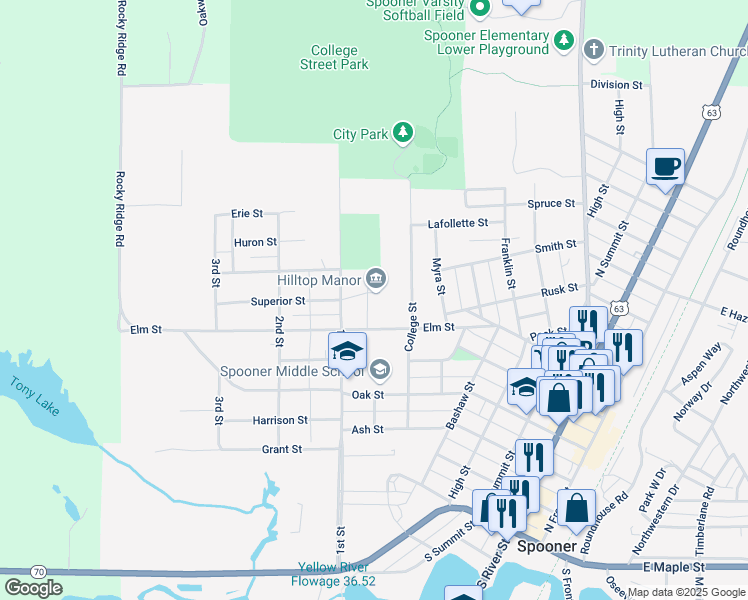 map of restaurants, bars, coffee shops, grocery stores, and more near 812 Elm Drive in Spooner