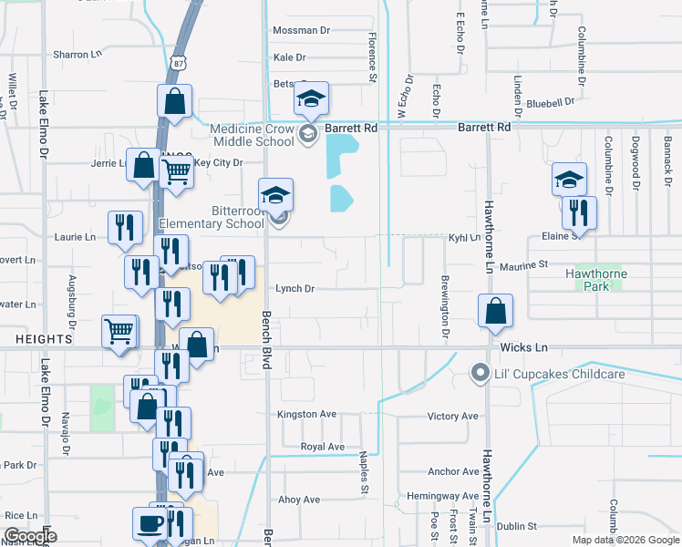 map of restaurants, bars, coffee shops, grocery stores, and more near 903 Lynch Drive in Billings