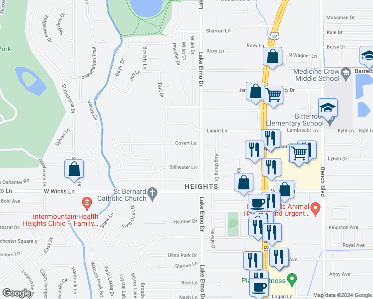map of restaurants, bars, coffee shops, grocery stores, and more near 1720 Lake Elmo Drive in Billings