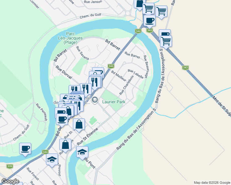 map of restaurants, bars, coffee shops, grocery stores, and more near 155 Rue Édouard Roy in L'Assomption