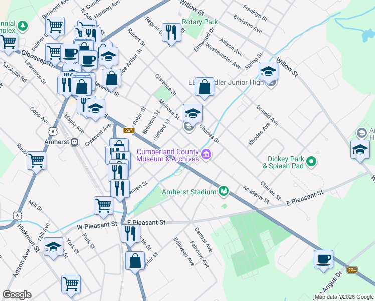 map of restaurants, bars, coffee shops, grocery stores, and more near 12 Davison Street in Amherst