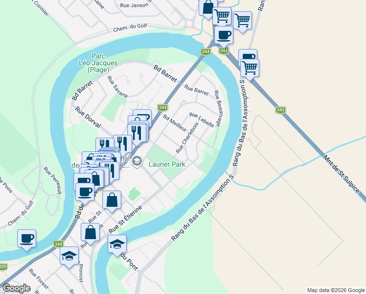 map of restaurants, bars, coffee shops, grocery stores, and more near 140 Rue Cazeneuve in L'Assomption