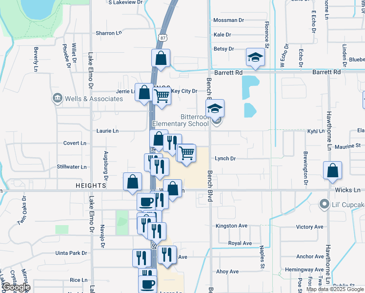 map of restaurants, bars, coffee shops, grocery stores, and more near 1649 Main Street in Billings