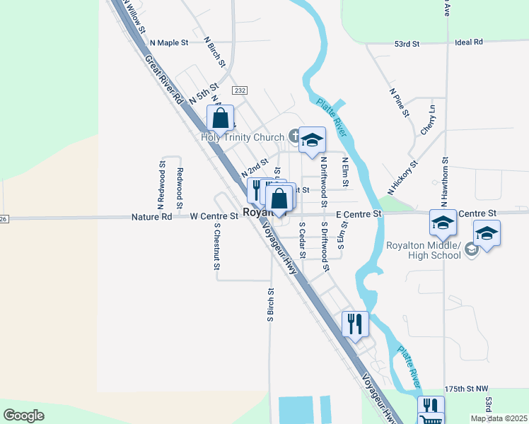 map of restaurants, bars, coffee shops, grocery stores, and more near in Royalton