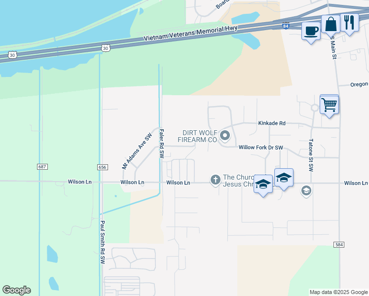 map of restaurants, bars, coffee shops, grocery stores, and more near 600 Wilson Road Southwest in Boardman
