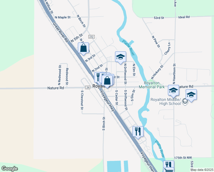 map of restaurants, bars, coffee shops, grocery stores, and more near 12 North Birch Street in Royalton