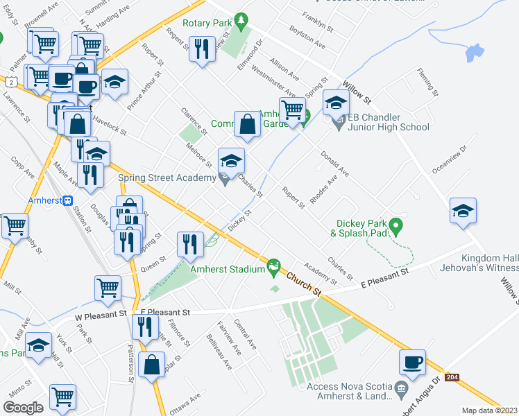 map of restaurants, bars, coffee shops, grocery stores, and more near 6 Dickey Street in Amherst