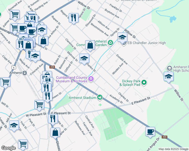 map of restaurants, bars, coffee shops, grocery stores, and more near 6 Dickey Street in Amherst