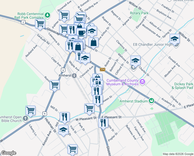 map of restaurants, bars, coffee shops, grocery stores, and more near 12 Albion Street in Amherst