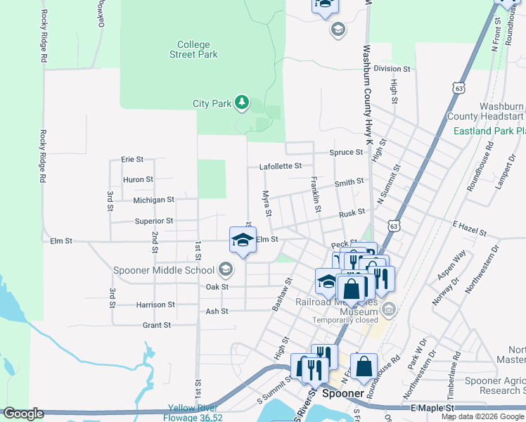 map of restaurants, bars, coffee shops, grocery stores, and more near 610 College Street in Spooner