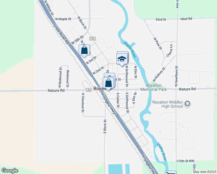 map of restaurants, bars, coffee shops, grocery stores, and more near 12 North Birch Street in Royalton