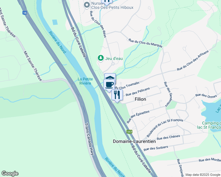map of restaurants, bars, coffee shops, grocery stores, and more near 1135 Rue du Clos Toumalin in Prévost