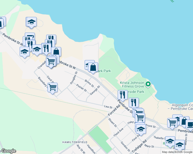 map of restaurants, bars, coffee shops, grocery stores, and more near 1043 Pembroke Street West in Pembroke