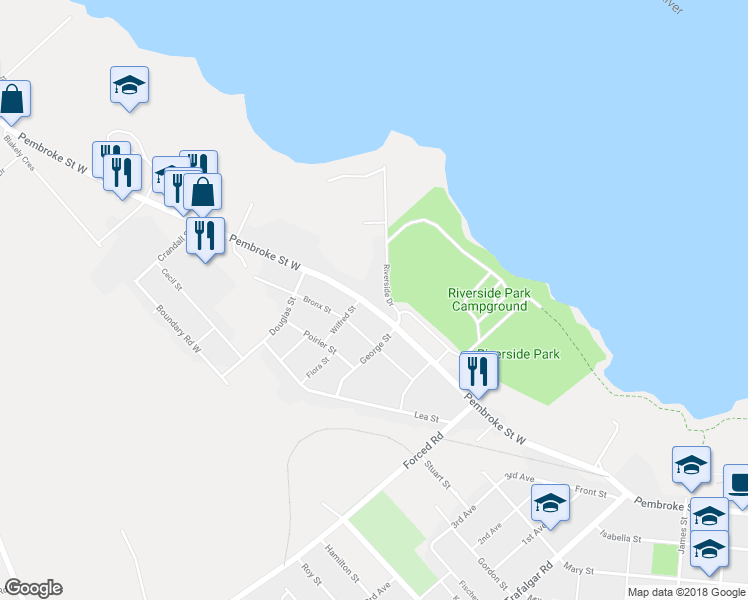 map of restaurants, bars, coffee shops, grocery stores, and more near 1043 Pembroke Street West in Pembroke