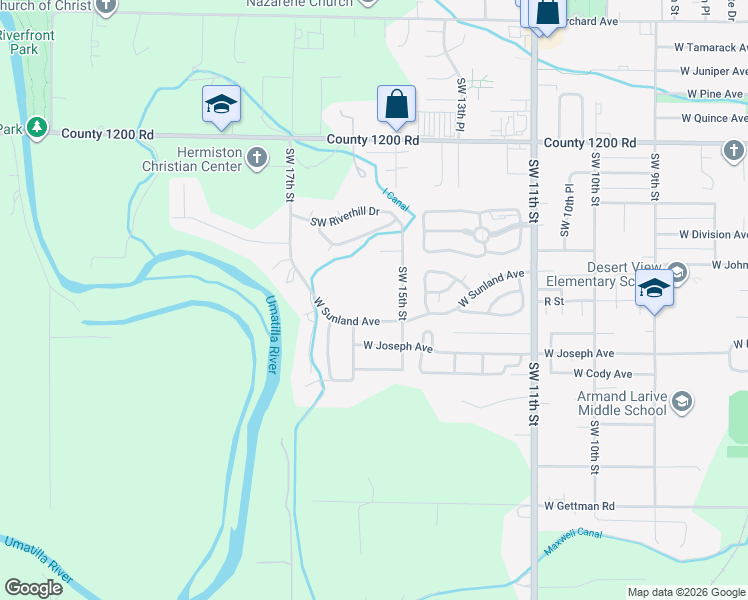 map of restaurants, bars, coffee shops, grocery stores, and more near 1630 West Sunland Avenue in Hermiston