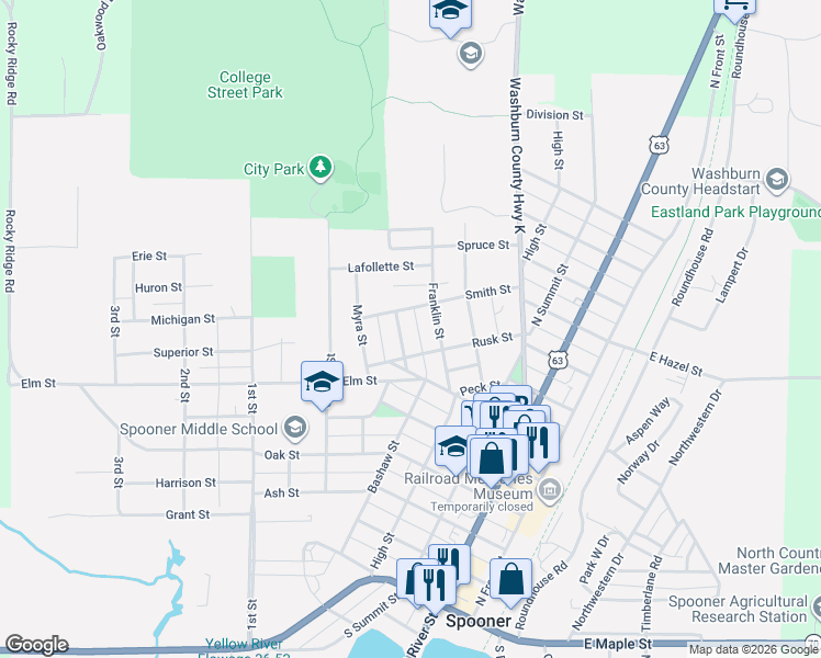 map of restaurants, bars, coffee shops, grocery stores, and more near 606 Smith Street in Spooner
