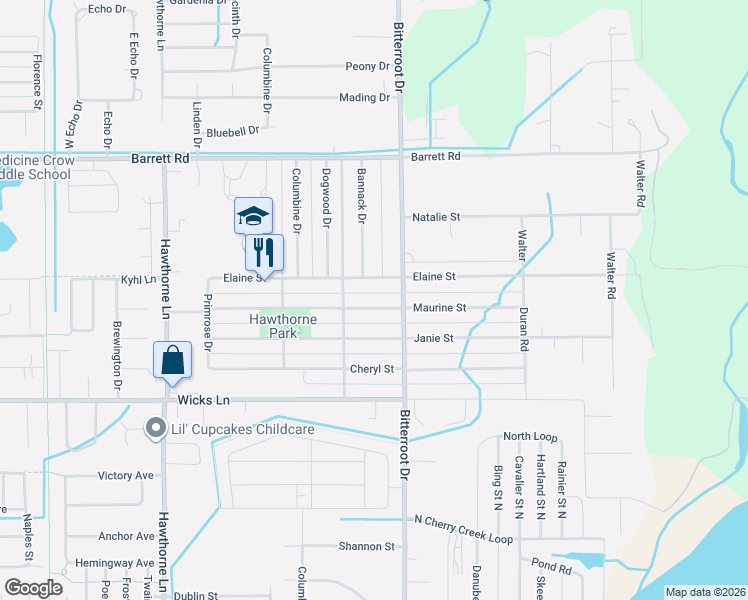 map of restaurants, bars, coffee shops, grocery stores, and more near 1516 Elaine Street in Billings