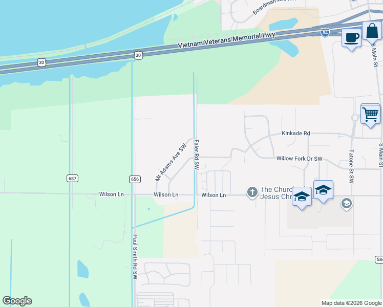 map of restaurants, bars, coffee shops, grocery stores, and more near 308 Faler Road Southwest in Boardman