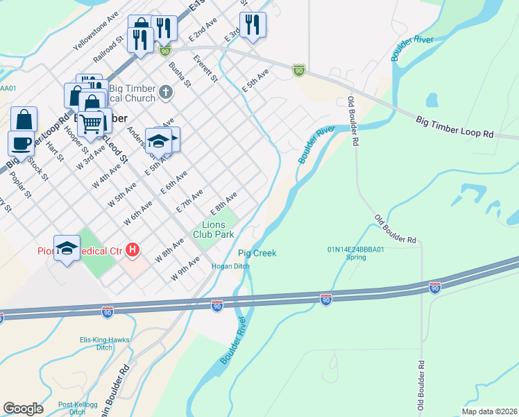 map of restaurants, bars, coffee shops, grocery stores, and more near 306 West 9th Avenue in Big Timber