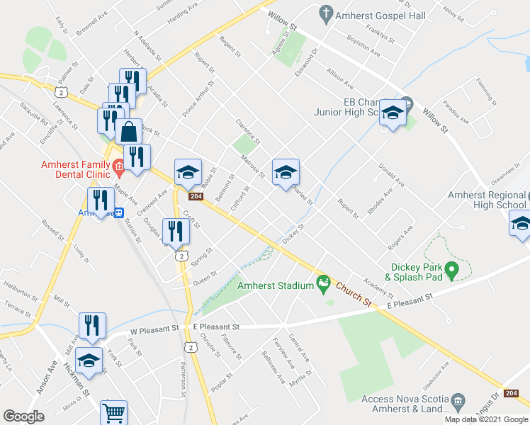 map of restaurants, bars, coffee shops, grocery stores, and more near 2 Davison Street in Amherst