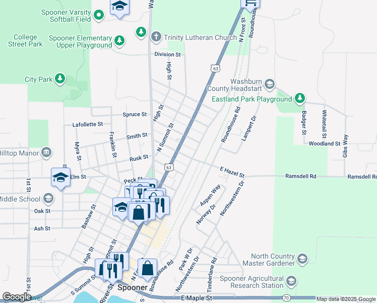 map of restaurants, bars, coffee shops, grocery stores, and more near 105 Spruce Street in Spooner