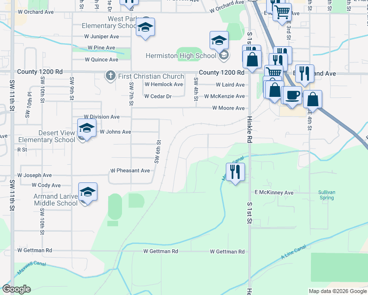map of restaurants, bars, coffee shops, grocery stores, and more near 565 West Division Avenue in Hermiston