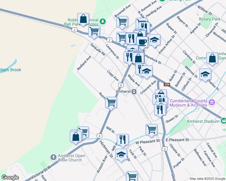 map of restaurants, bars, coffee shops, grocery stores, and more near 2 Arlington Avenue in Amherst
