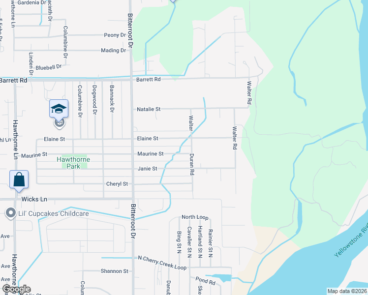 map of restaurants, bars, coffee shops, grocery stores, and more near 1740 Elaine Street in Billings