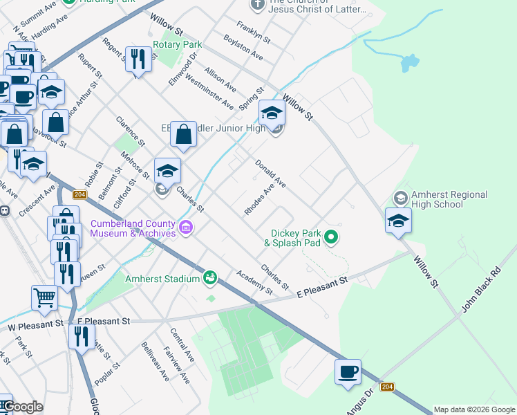 map of restaurants, bars, coffee shops, grocery stores, and more near 9 Rhodes Avenue in Amherst