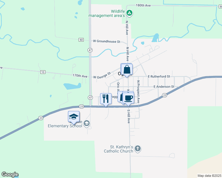 map of restaurants, bars, coffee shops, grocery stores, and more near 204 North Ciro Avenue in Ogilvie