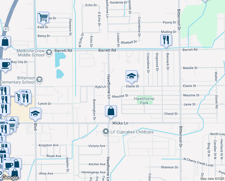 map of restaurants, bars, coffee shops, grocery stores, and more near 8087 Hawthorne Lane in Billings