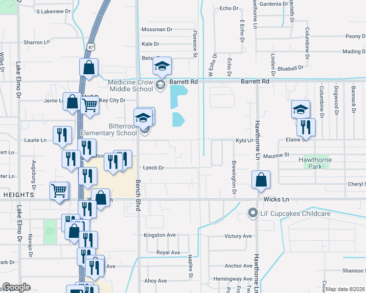 map of restaurants, bars, coffee shops, grocery stores, and more near 1084 Kyhl Lane in Billings