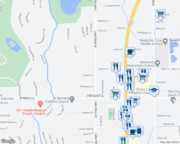 map of restaurants, bars, coffee shops, grocery stores, and more near 1741 Lake Elmo Drive in Billings