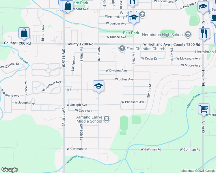 map of restaurants, bars, coffee shops, grocery stores, and more near 1225 Southwest 9th Street in Hermiston
