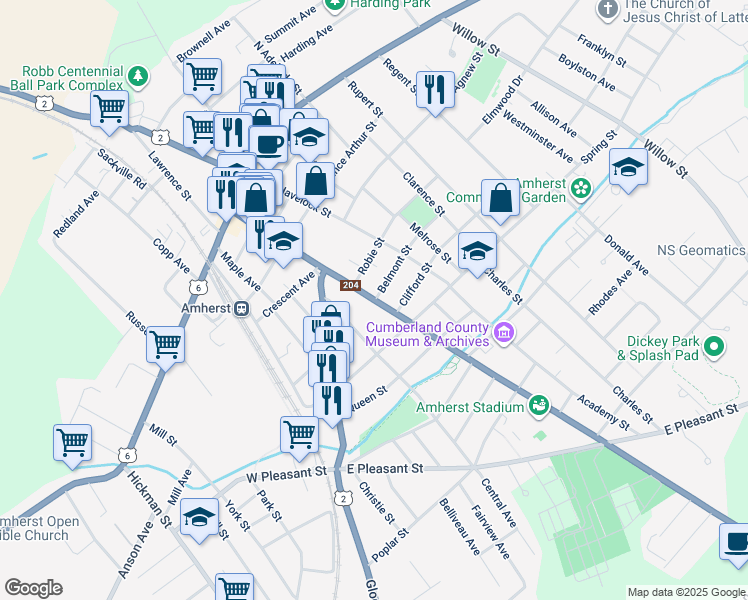 map of restaurants, bars, coffee shops, grocery stores, and more near 101 Church Street in Amherst