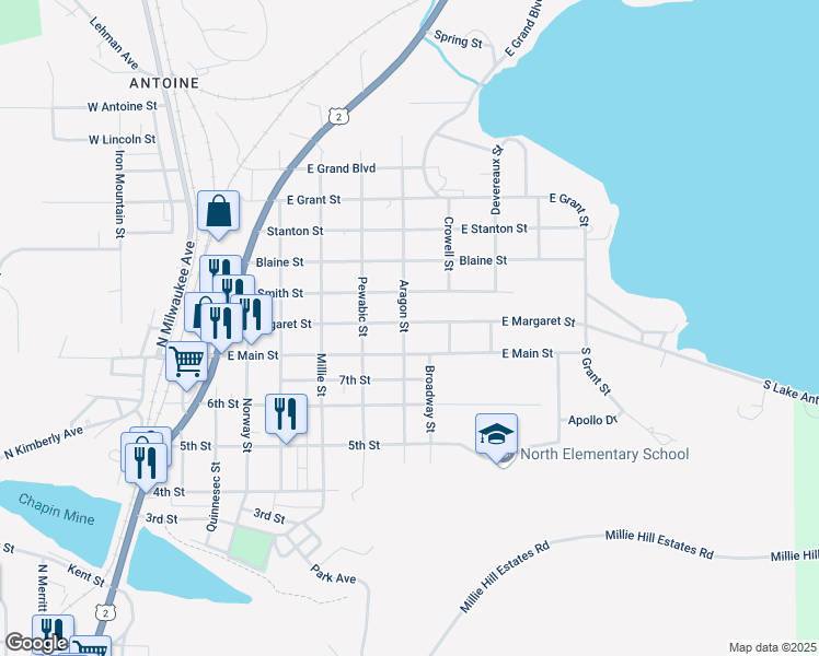 map of restaurants, bars, coffee shops, grocery stores, and more near 600-698 East Margaret Street in Iron Mountain