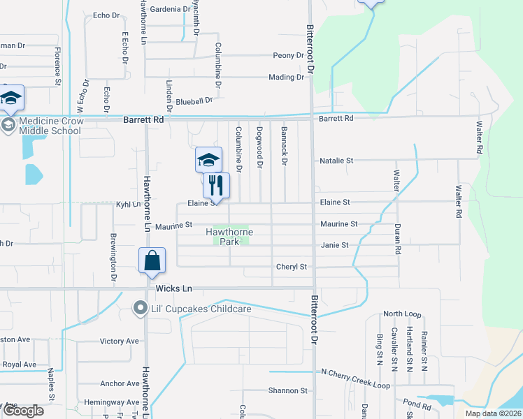 map of restaurants, bars, coffee shops, grocery stores, and more near 1438 Elaine Street in Billings
