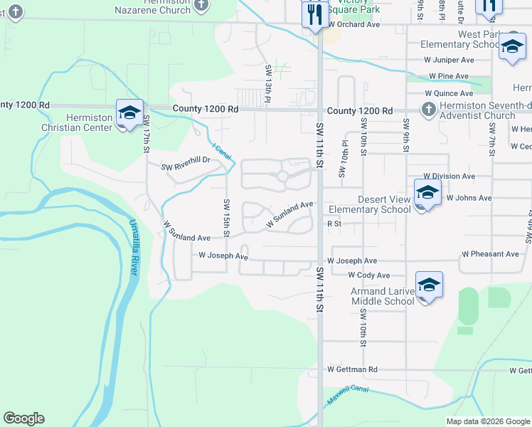 map of restaurants, bars, coffee shops, grocery stores, and more near 12 Sage Court in Hermiston