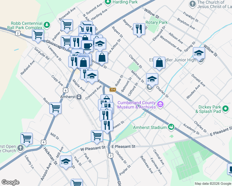 map of restaurants, bars, coffee shops, grocery stores, and more near 97 Nova Scotia 204 in Amherst
