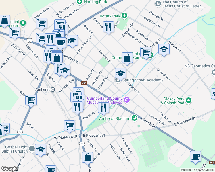 map of restaurants, bars, coffee shops, grocery stores, and more near 56 Spring Street in Amherst