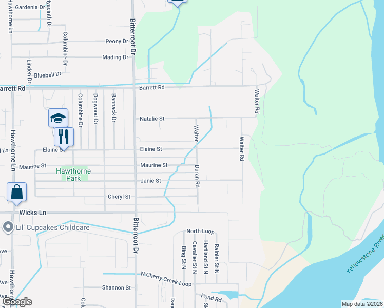 map of restaurants, bars, coffee shops, grocery stores, and more near 1740 Elaine Street in Billings