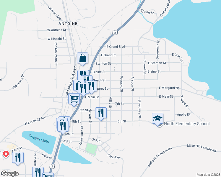 map of restaurants, bars, coffee shops, grocery stores, and more near 800 Millie Street in Iron Mountain