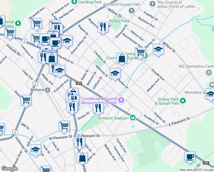 map of restaurants, bars, coffee shops, grocery stores, and more near 53 Spring Street in Amherst