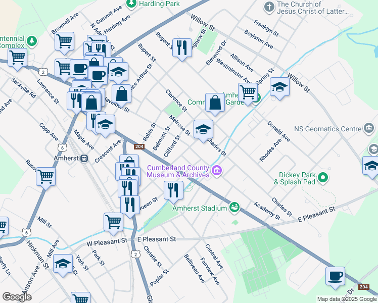 map of restaurants, bars, coffee shops, grocery stores, and more near 53 Spring Street in Amherst