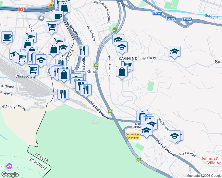 map of restaurants, bars, coffee shops, grocery stores, and more near 8 Via San Giacomo in Como