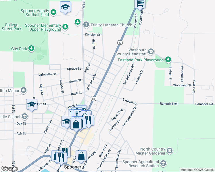 map of restaurants, bars, coffee shops, grocery stores, and more near 105 Spruce Street in Spooner