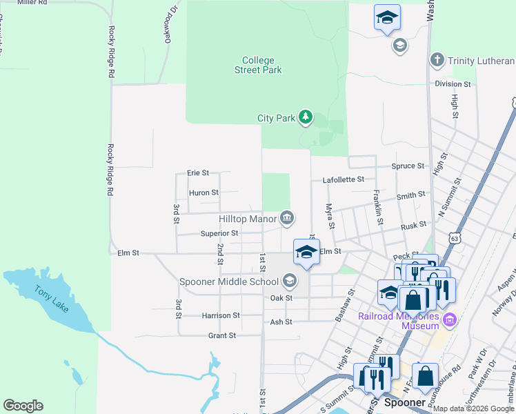 map of restaurants, bars, coffee shops, grocery stores, and more near 916 Michigan Street in Spooner