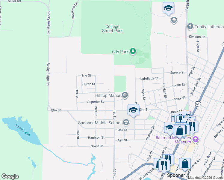 map of restaurants, bars, coffee shops, grocery stores, and more near 916 Michigan Street in Spooner